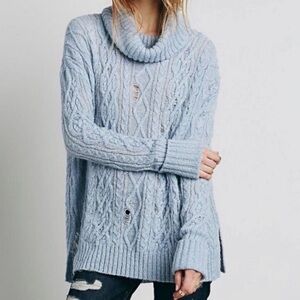 Free People Distressed Cowl Neck Sweater Blue Size Large Women’s Wool Blend